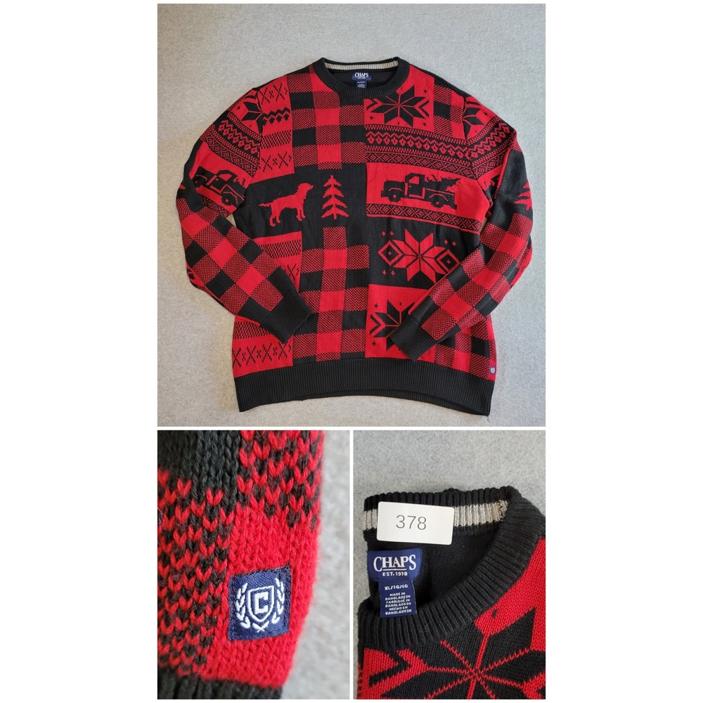 Chaps Mens XL Red Black Buffalo Plaid Holiday Christmas Truck Dog Sweater